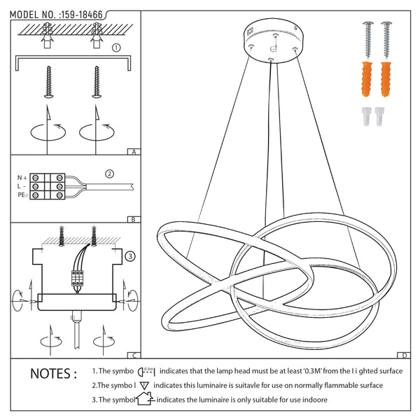 A stylish, modern LED pendant light with interlinked illuminated rings, suspended from a central ceiling mount. Fixings and wiring diagrams are also shown.