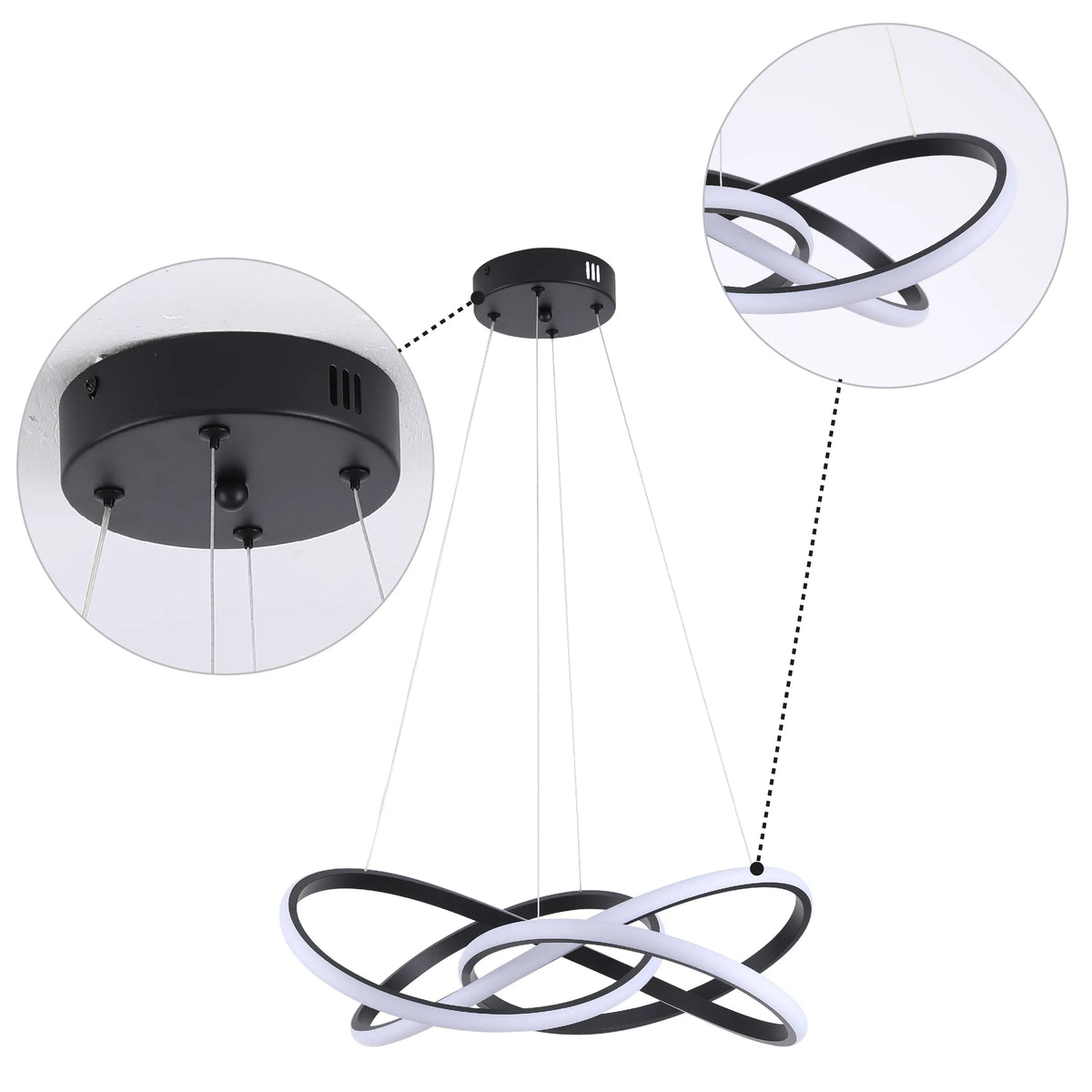 A modern, black ring pendant light with white LEDs, suspended by fine cables for a minimalist look.