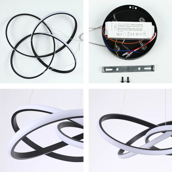 A modern LED ceiling light with black hoops, with an inner white light. It's energy-efficient and stylish.