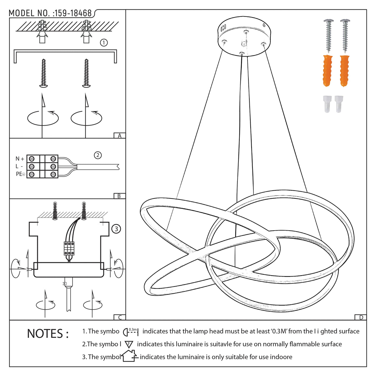 Contemporary LED pendant light with a unique, interlocking ring design. Installation instructions are included, ensuring safe setup.