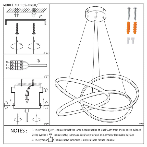 Contemporary LED pendant light with a unique, interlocking ring design. Installation instructions are included, ensuring safe setup.