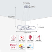A modern pendant light with looping rings, displaying measurements and specifications.