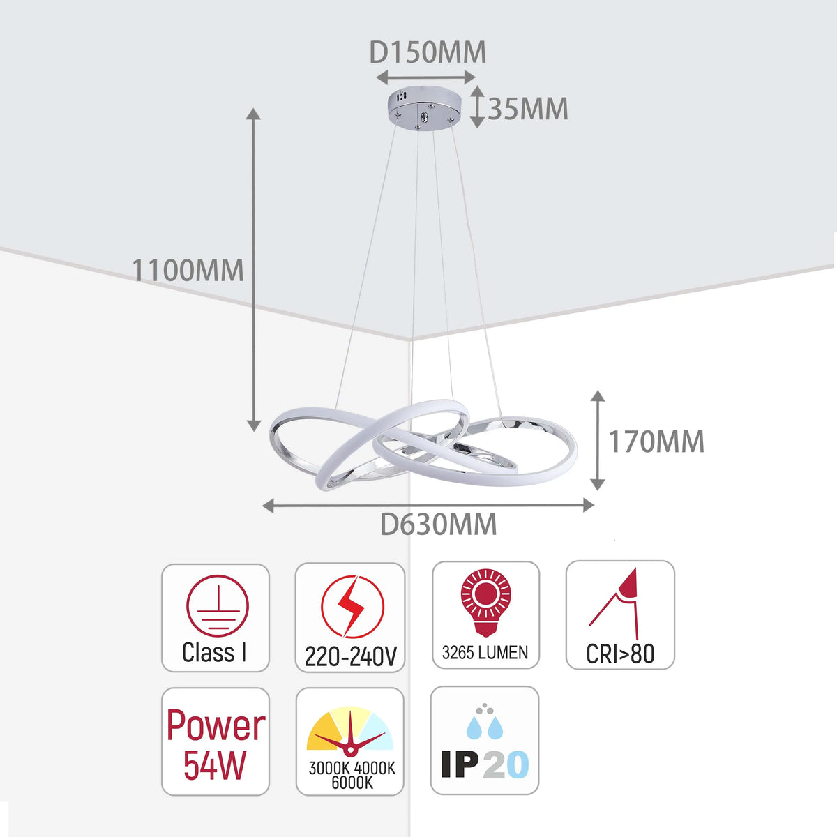 A modern pendant light with looping rings, displaying measurements and specifications.