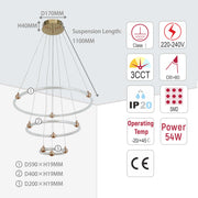 A modern, multi-tiered chandelier with LED rings and gold accents. Dimensions and specs included. Contemporary lighting design.
