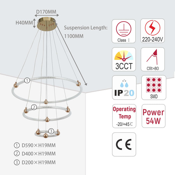 A modern, multi-tiered chandelier with LED rings and gold accents. Dimensions and specs included. Contemporary lighting design.