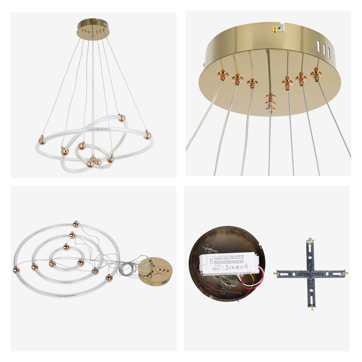 A modern, multi-ring LED chandelier with gold accents, suspended by thin wires from a gold ceiling fixture.