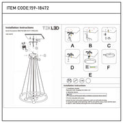 Installation instructions for a gold chandelier, showing the assembly process, along with the item code and model name.