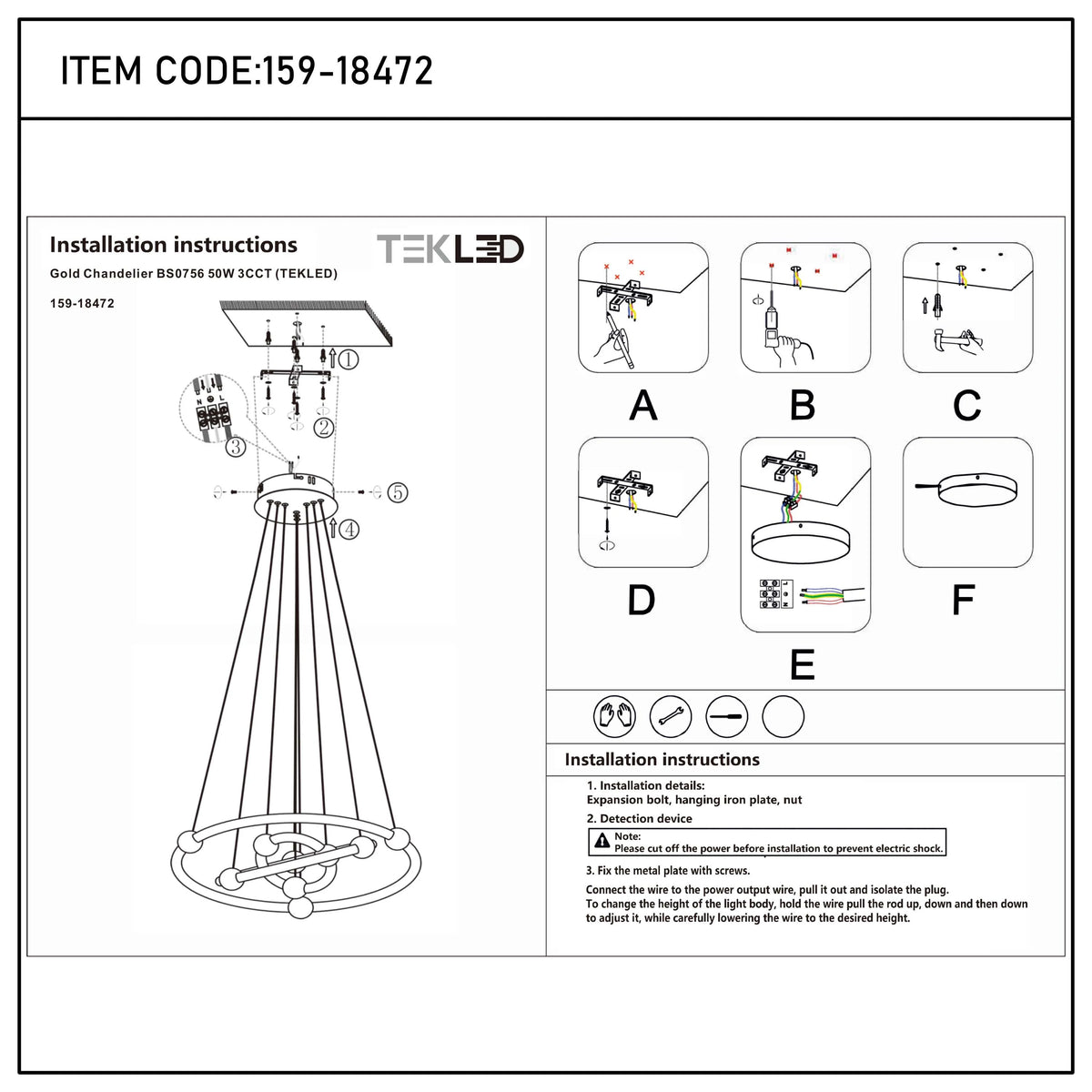 Installation instructions for a gold chandelier, showing the assembly process, along with the item code and model name.