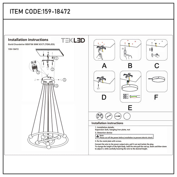 Installation instructions for a gold chandelier, showing the assembly process, along with the item code and model name.