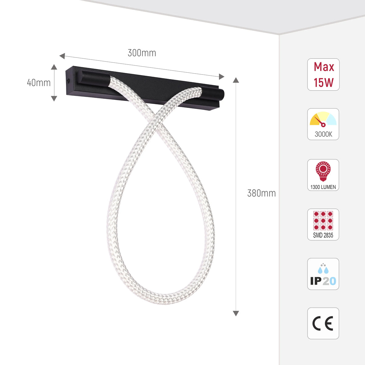 Modern LED wall light with a black rectangular base and twisted white light. Features include: 15W max, 3000K and 1300 lumen.