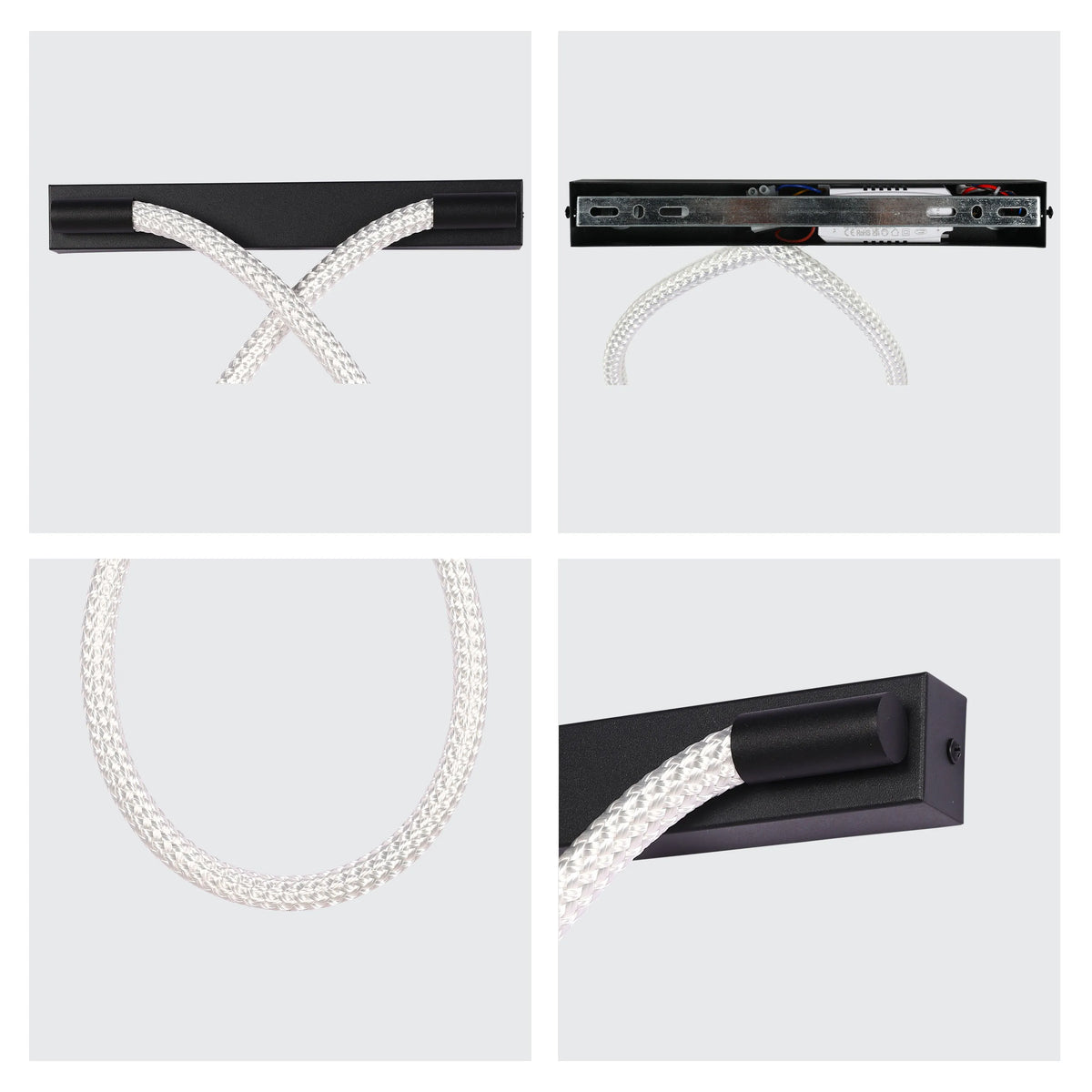 Modern wall light with a black bar and a flexible, white, braided cord forming a stylish, looped design.