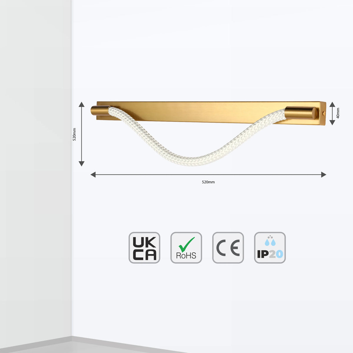 Wall light with a brass bar and white rope detail, demonstrating its dimensions with arrows and measurement labels.