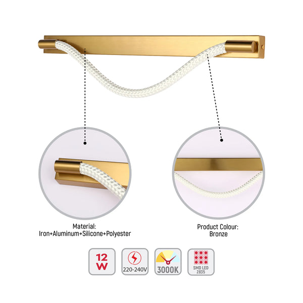 Bronze wall light fixture with a white rope-like cord snaking between two bronze cylinders.