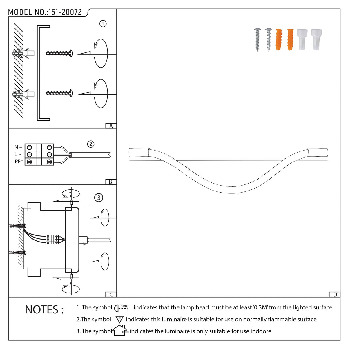 A lighting diagram shows how to install the light, with diagrams of wall fixings and electrical connections.
