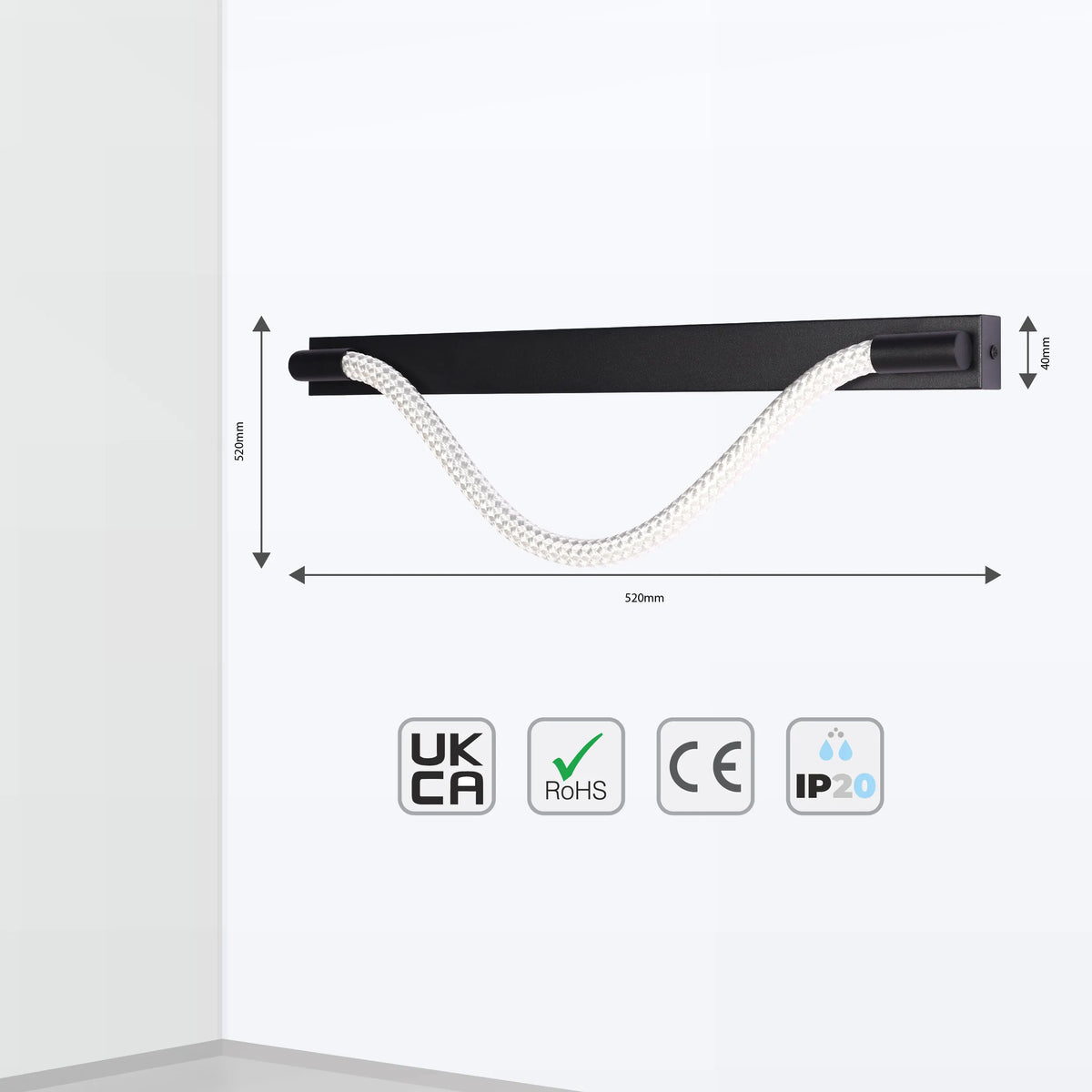 Wall-mounted light with black metal fixtures and a white rope-style shade, casting a soft, diffused glow.