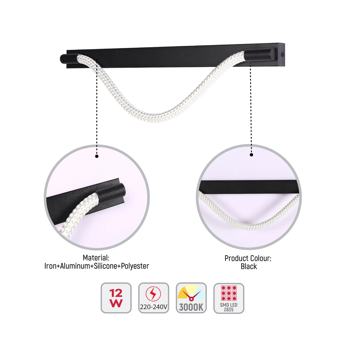 A modern black wall light fixture with an exposed white cord, closeups detail materials and product colour.