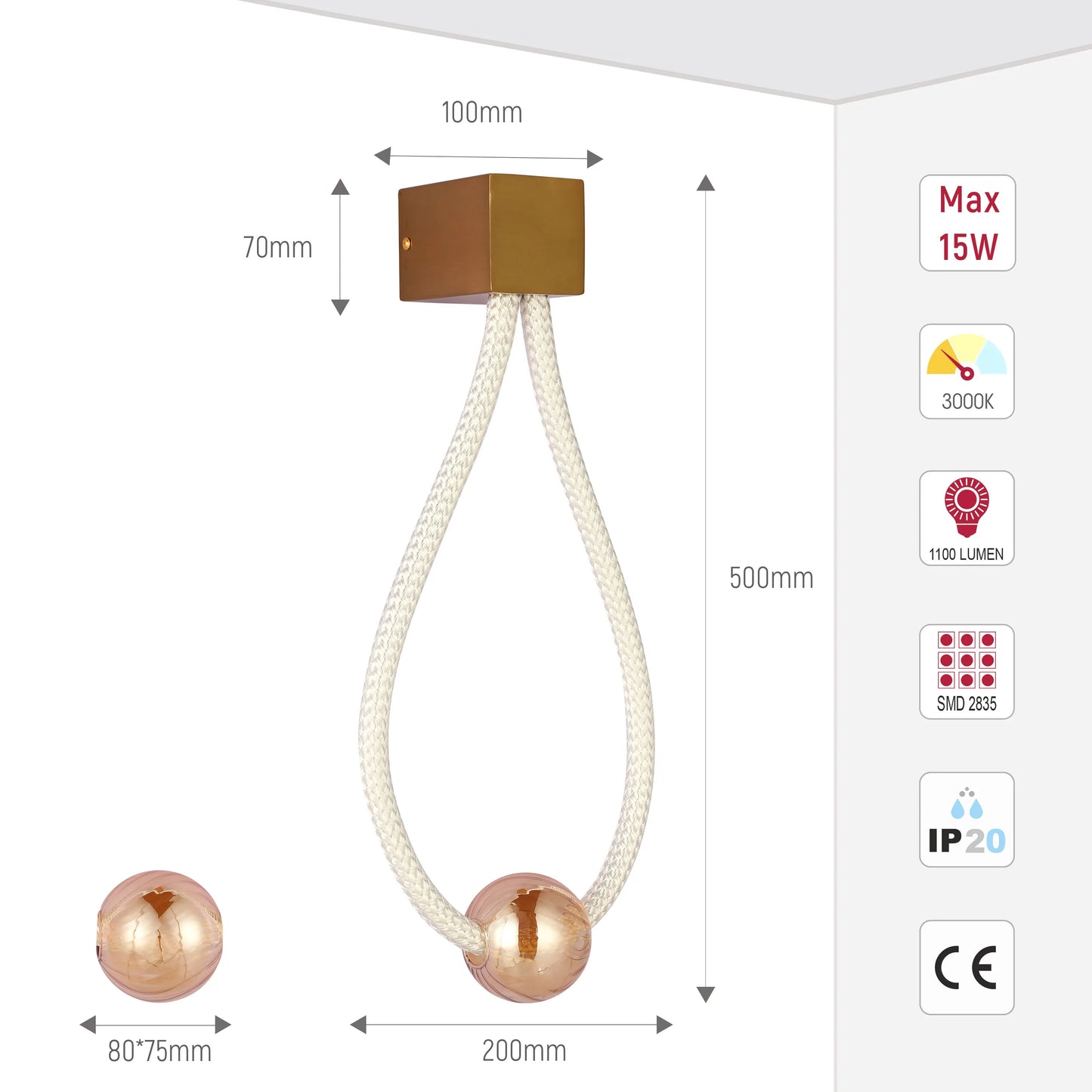 Stylish wall light with a gold cube, rope detail, and a gold sphere. Includes dimensions and specs like 15W, 3000K, and 1100 lumens.