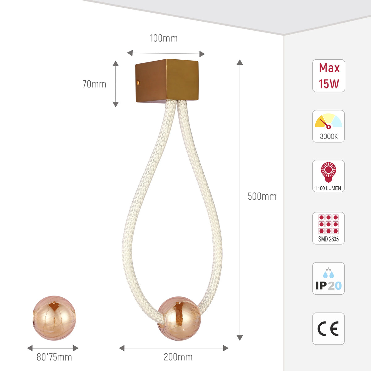 Stylish wall light with a gold cube, rope detail, and a gold sphere. Includes dimensions and specs like 15W, 3000K, and 1100 lumens.