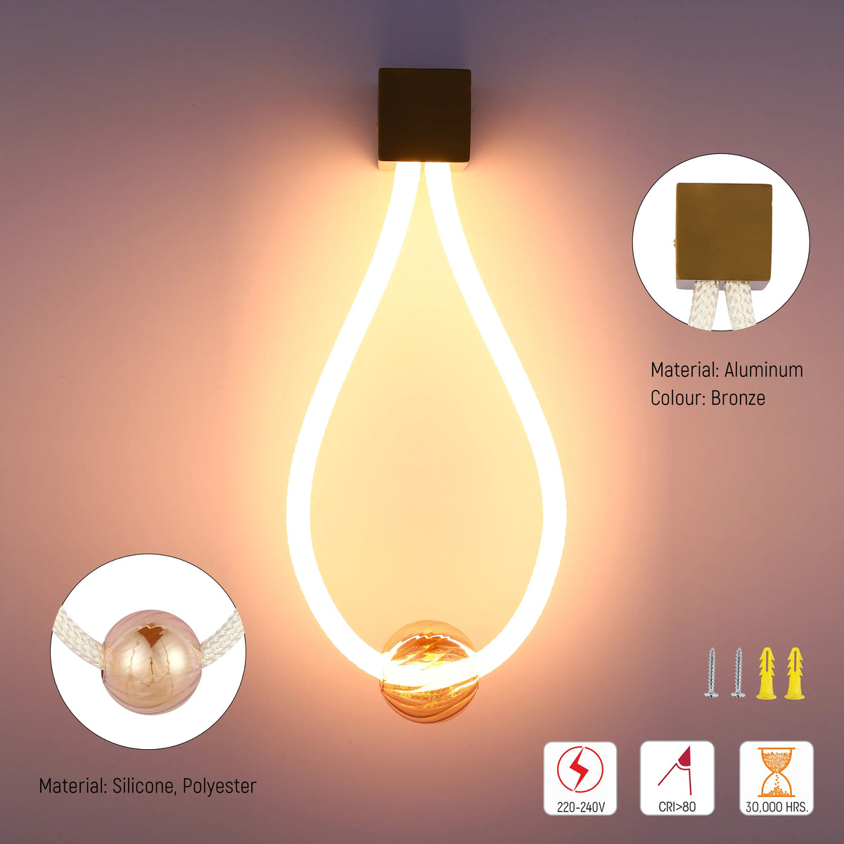 A modern bronze wall light with a teardrop-shaped LED. The fixture is made from aluminum and silicone with a polyester cord.