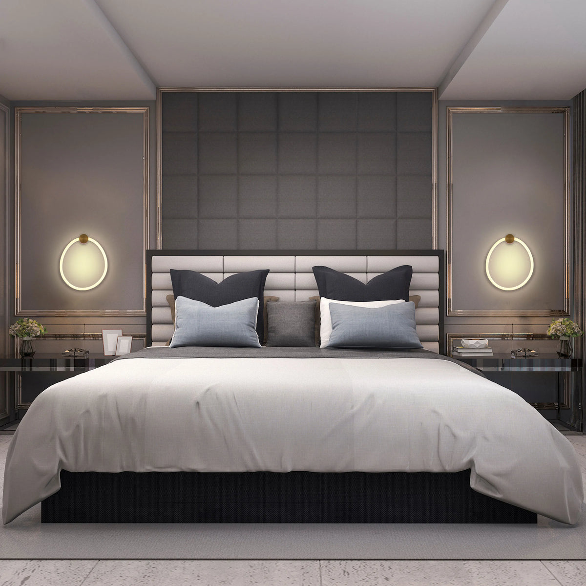 Symmetrical bedroom design featuring wall-mounted circular lights, bedside lamps, and a diffused light source from the ceiling.