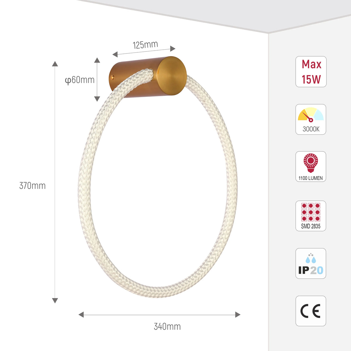 A looped bathroom light, with brass mounting and a rope shade. Dimensions and specs include max 15W and 3000K.