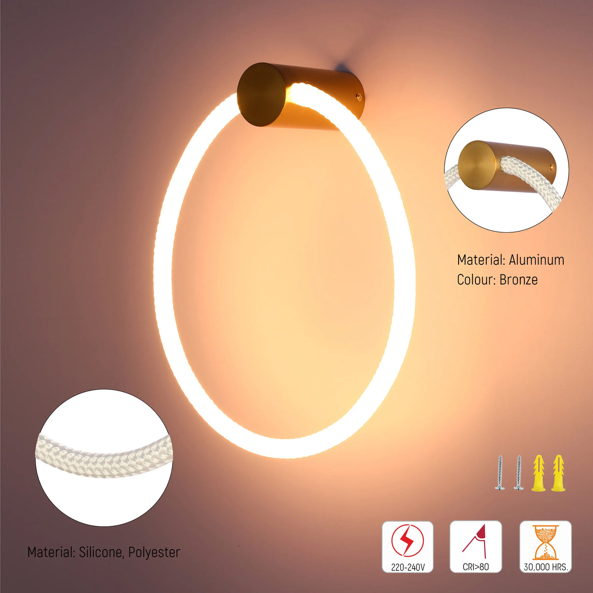 Circular LED wall light in bronze finish. Modern and elegant, providing warm ambient lighting. Includes mounting hardware.
