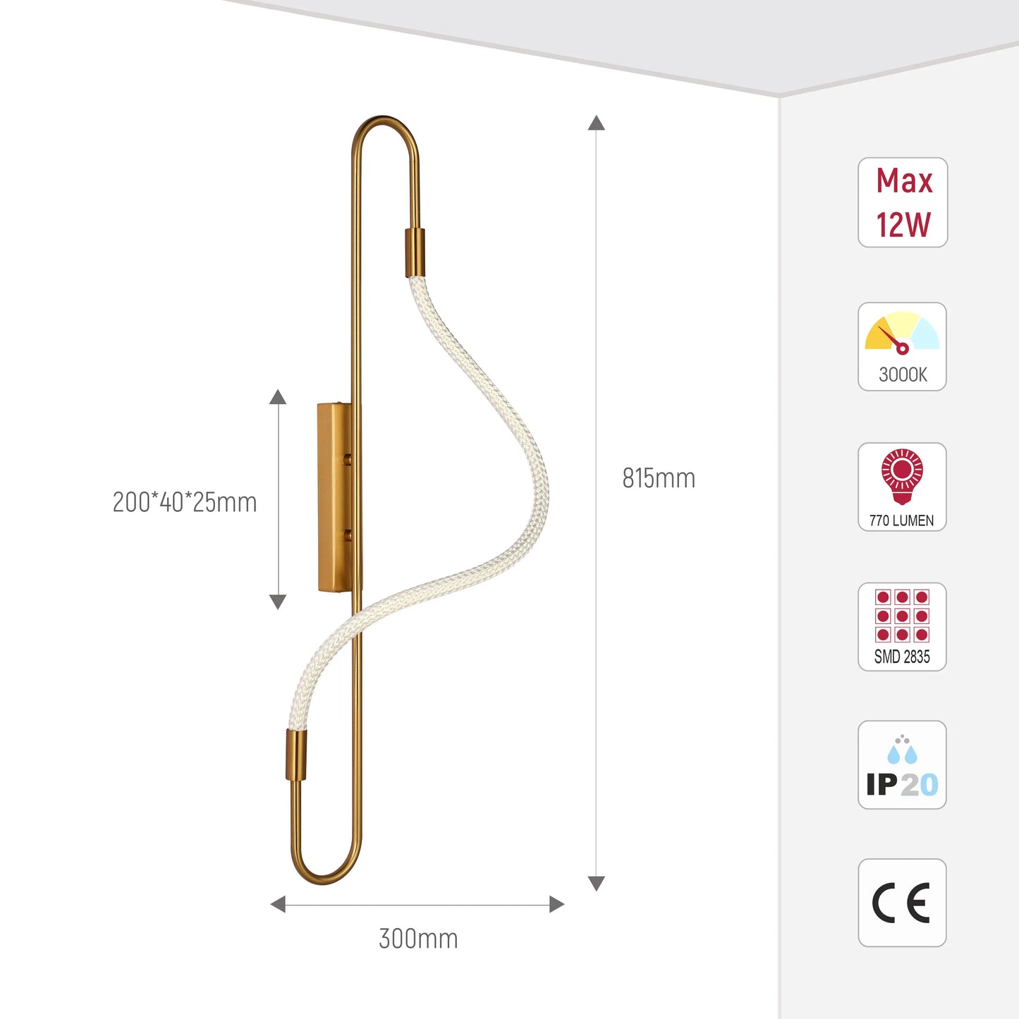 Modern wall light. Gold frame with LED. Max 12W, 3000K, 770 Lumens. Dimensions: 815mm high, 300mm wide.