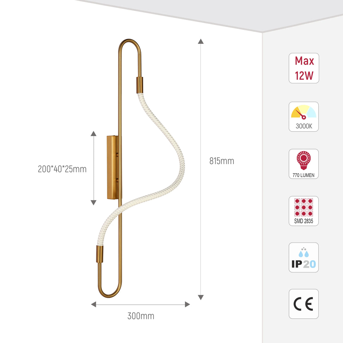 Modern wall light. Gold frame with LED. Max 12W, 3000K, 770 Lumens. Dimensions: 815mm high, 300mm wide.