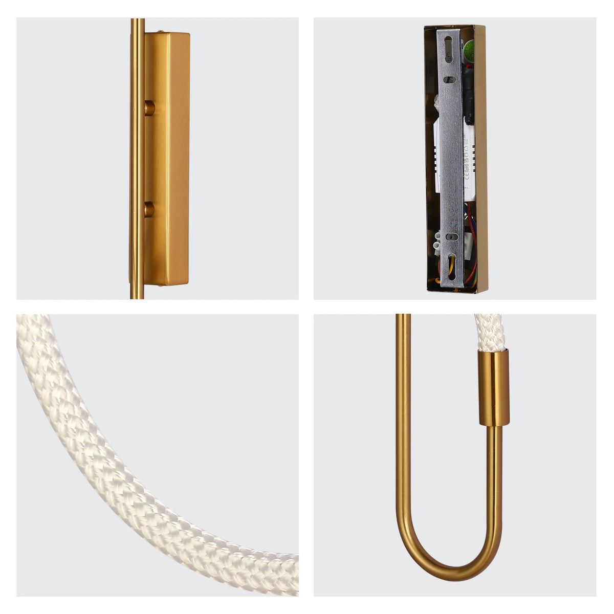 Close up of a wall light with a brass finish, featuring a white rope cord detail. Modern, minimalist design.