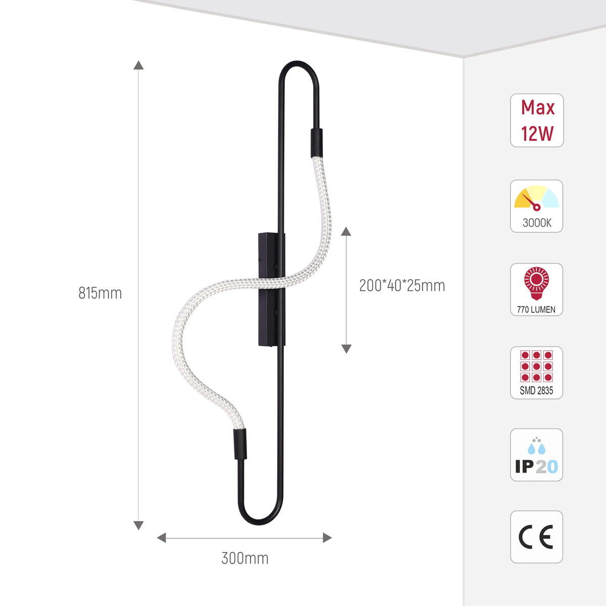 Modern wall light featuring a wavy design with a white cord and a black frame. Measurements and specifications are also visible.