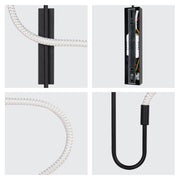 Modern wall light with woven cable and black metal fixture. The light has a contemporary aesthetic with a minimalist design.