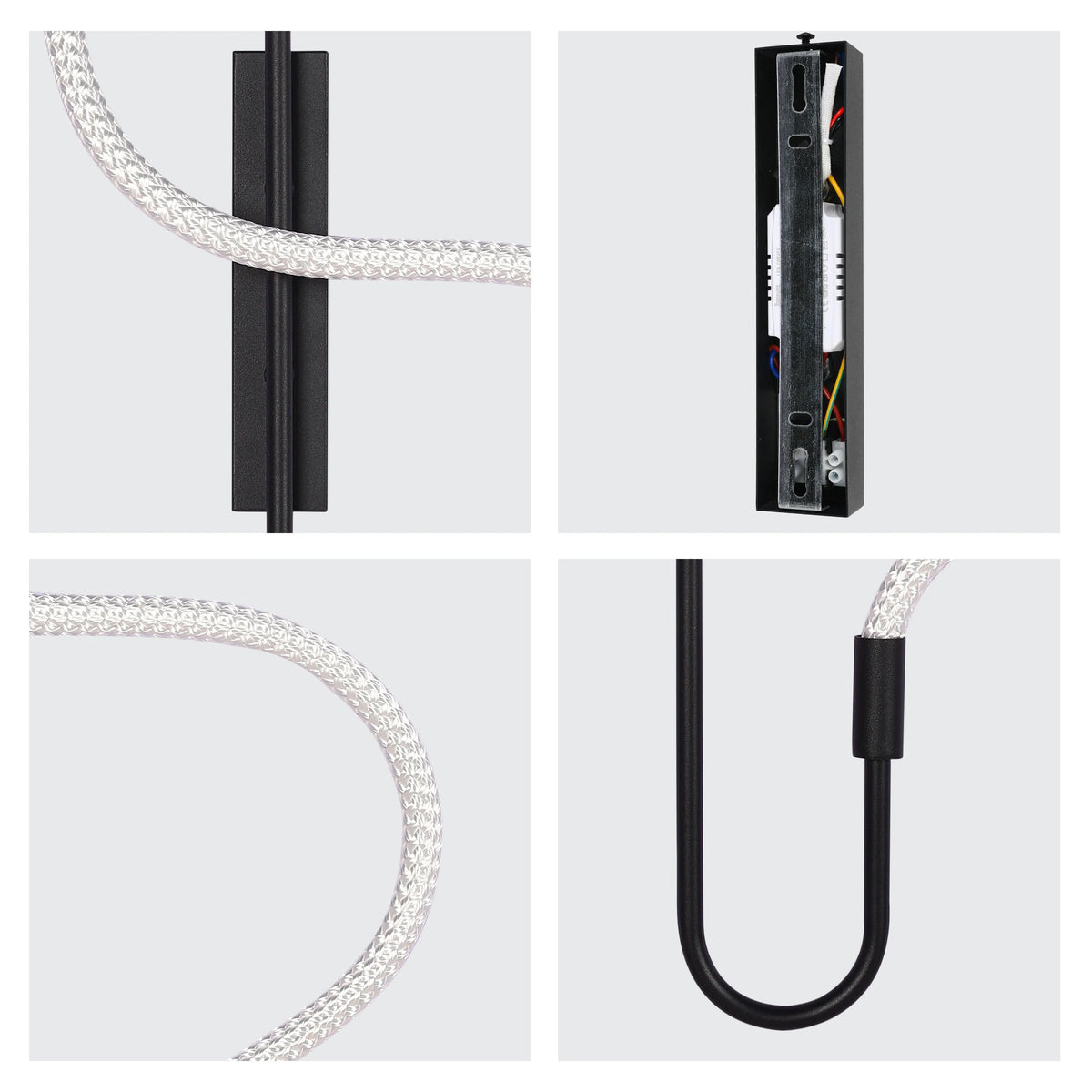 Modern wall light with woven cable and black metal fixture. The light has a contemporary aesthetic with a minimalist design.