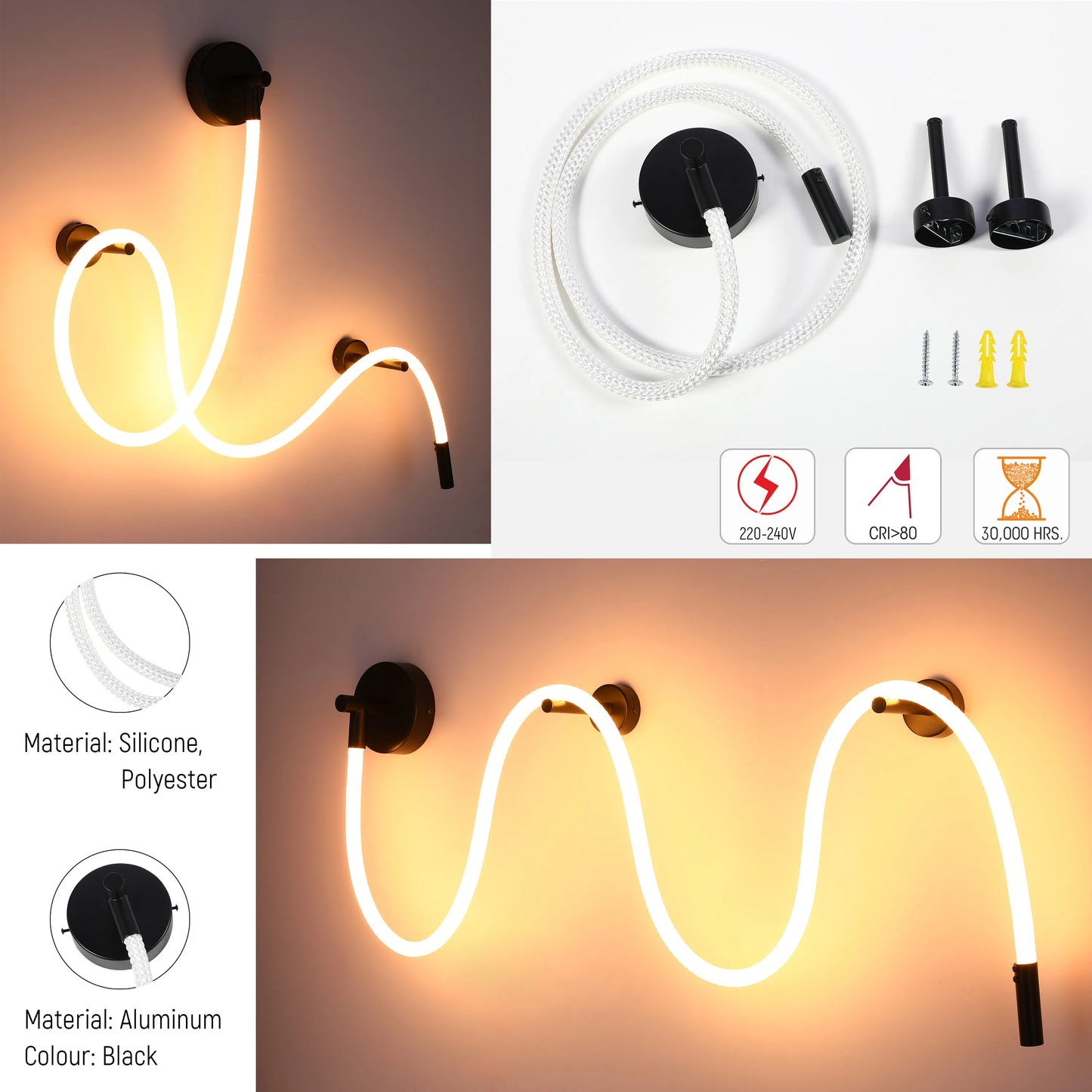 A unique, minimalist LED wall light. Its flexible silicone and polyester cord is fixed in place with sleek, black, aluminum mountings.