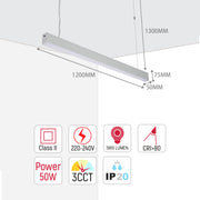 Suspended light fitting dimensions: 1200mm long, 75mm high, 50mm deep. 1300mm suspension. 50W, 3900 lumen, IP20 rated, Class II, 220-240V.