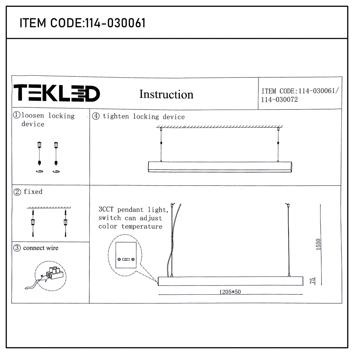 TEKLED lighting instructions. Shows how to connect the 3CCT pendant light, adjust temperature and fix with locking devices.