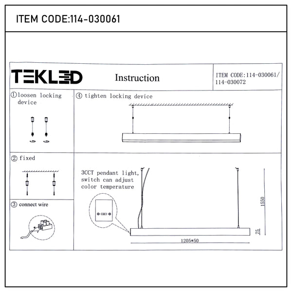 TEKLED lighting instructions. Shows how to connect the 3CCT pendant light, adjust temperature and fix with locking devices.