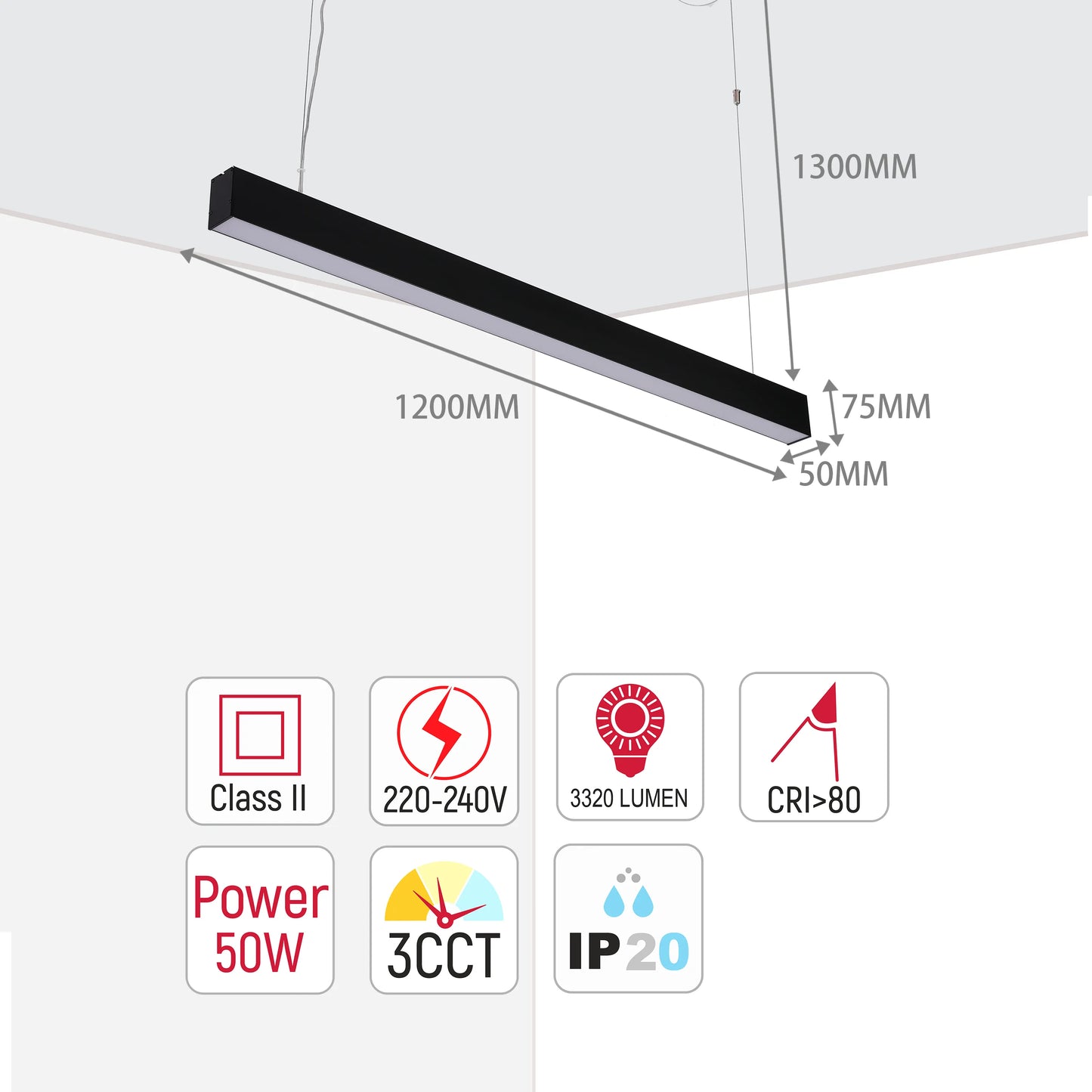 Modern black linear LED pendant light fixture with dimensions and specifications displayed.  50W, 3320 lumen, CRI>80