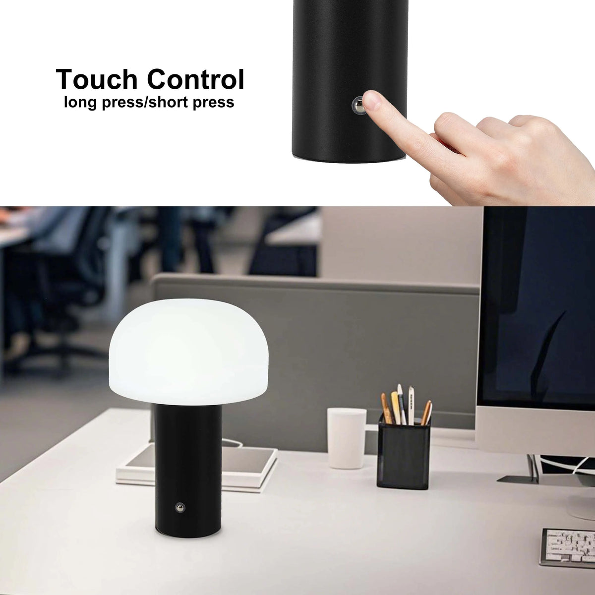 Modern desk lamp with a spherical white lampshade atop a black cylindrical base, displaying a soft, ambient glow.