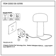 A mushroom table lamp with included charger and instruction manual. Item code 130-03785.