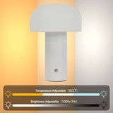 Mushroom lamp showcasing adjustable temperature and brightness, transitioning from warm to cool tones and high to low intensity.