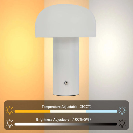 Mushroom lamp showcasing adjustable temperature and brightness, transitioning from warm to cool tones and high to low intensity.