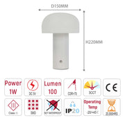 A white mushroom-shaped lamp with a 1W power rating, 100 lumen output and a colour rendering index of >70. It is 220mm high and 150mm wide.