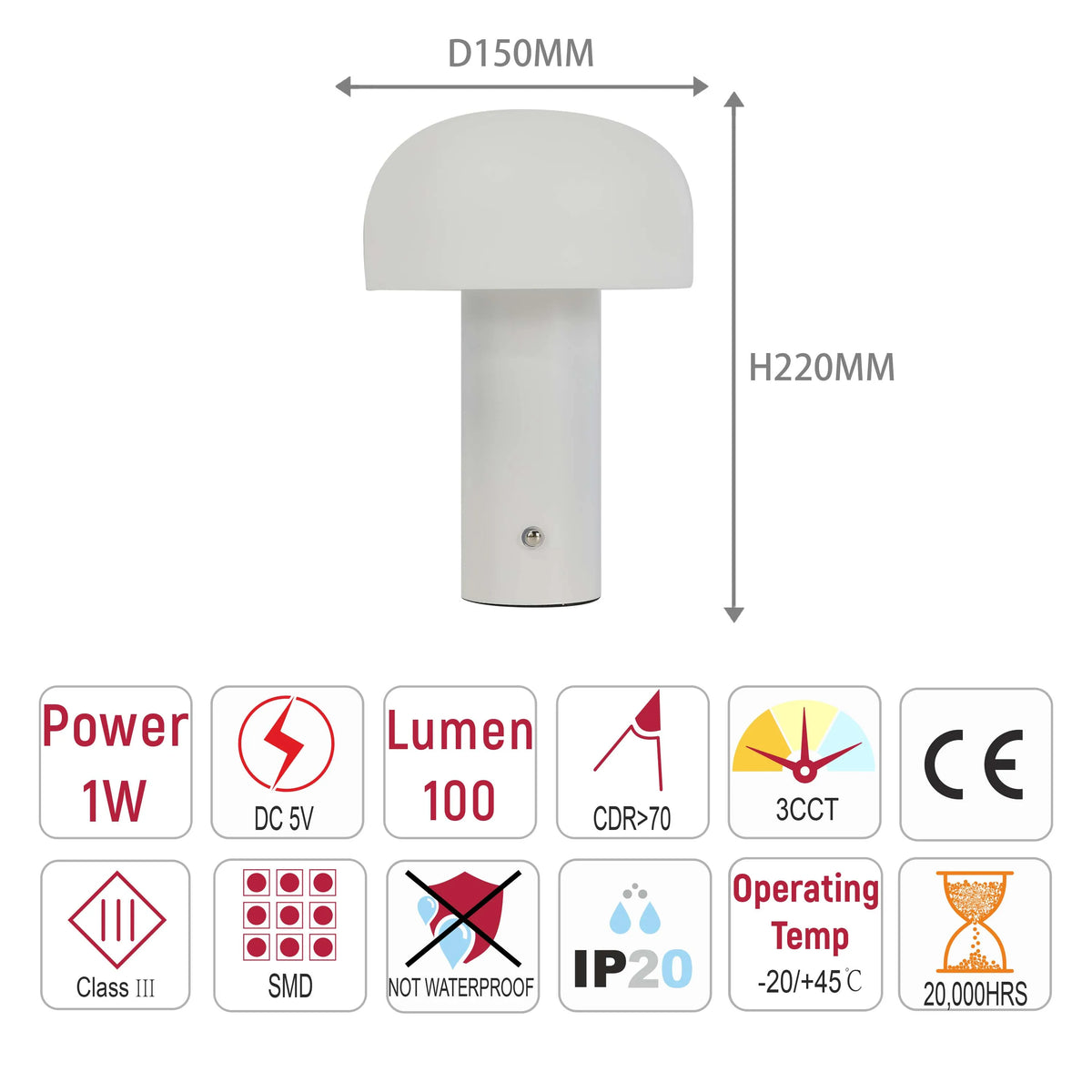 A white mushroom-shaped lamp with a 1W power rating, 100 lumen output and a colour rendering index of >70. It is 220mm high and 150mm wide.