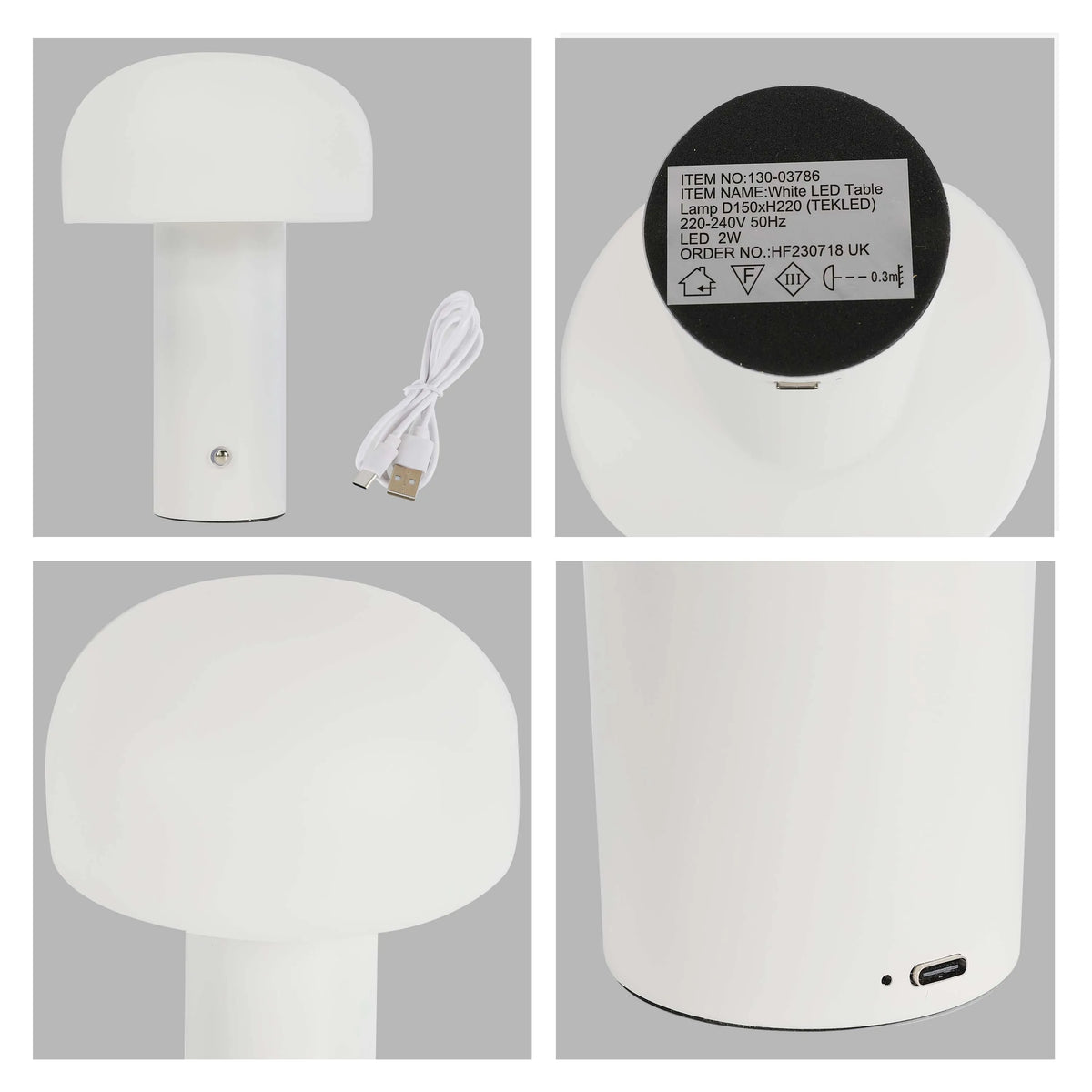 A sleek white mushroom table lamp with a USB charging cable. The label shows it's an LED lamp, 2W, 220-240V, with order number HF230718 UK.