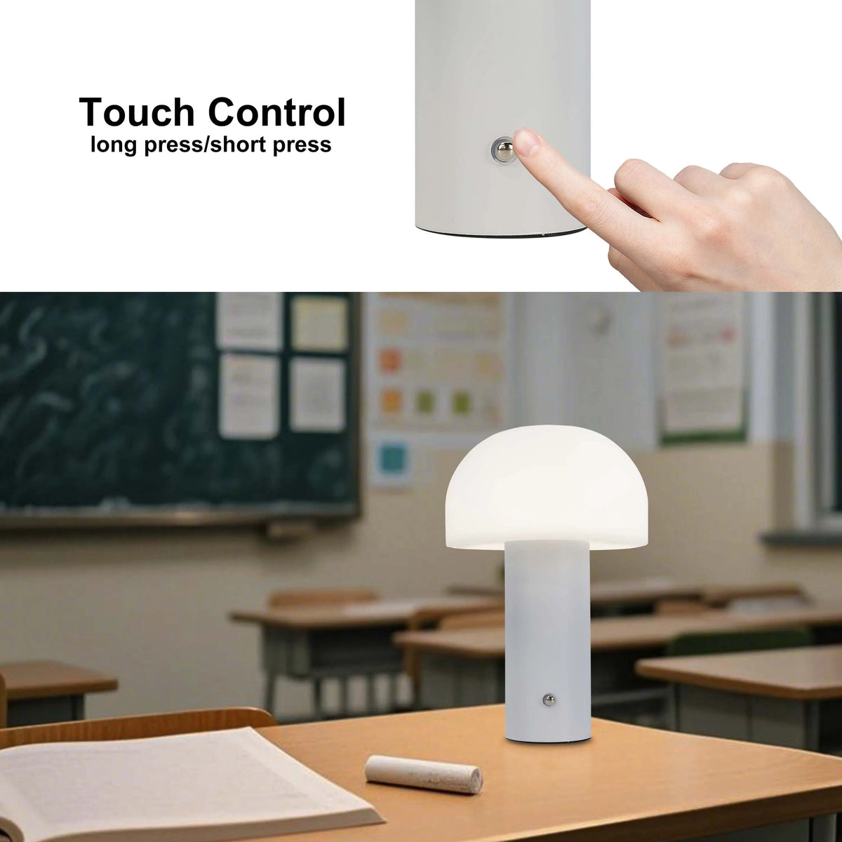 A modern mushroom lamp emits a soft, diffused glow, perfect for study or ambient lighting.