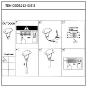 Installation guide for outdoor light fixture. Diagrams show assembly and wiring steps; tools needed, and turning the power on.