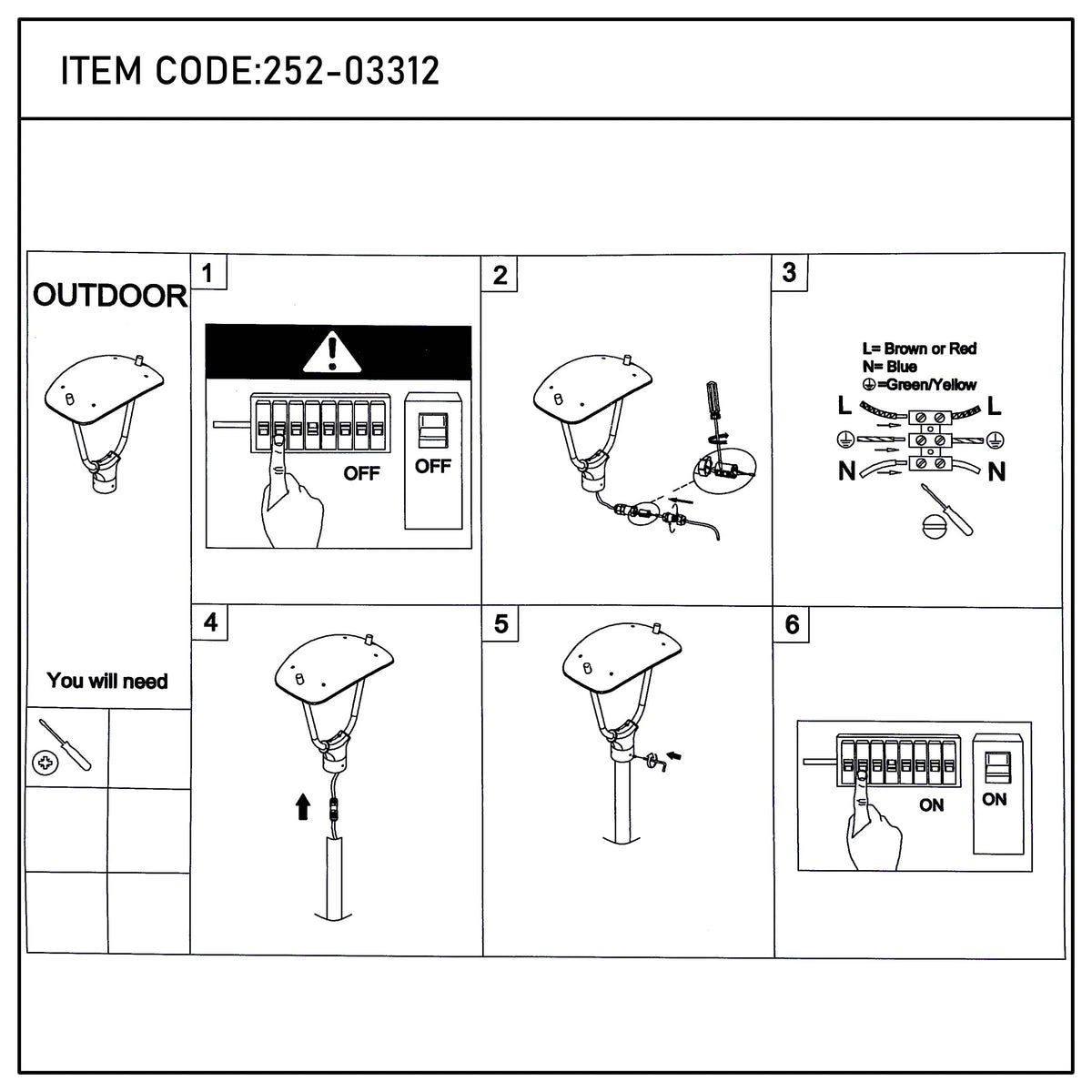 Installation guide for outdoor light fixture. Diagrams show assembly and wiring steps; tools needed, and turning the power on.