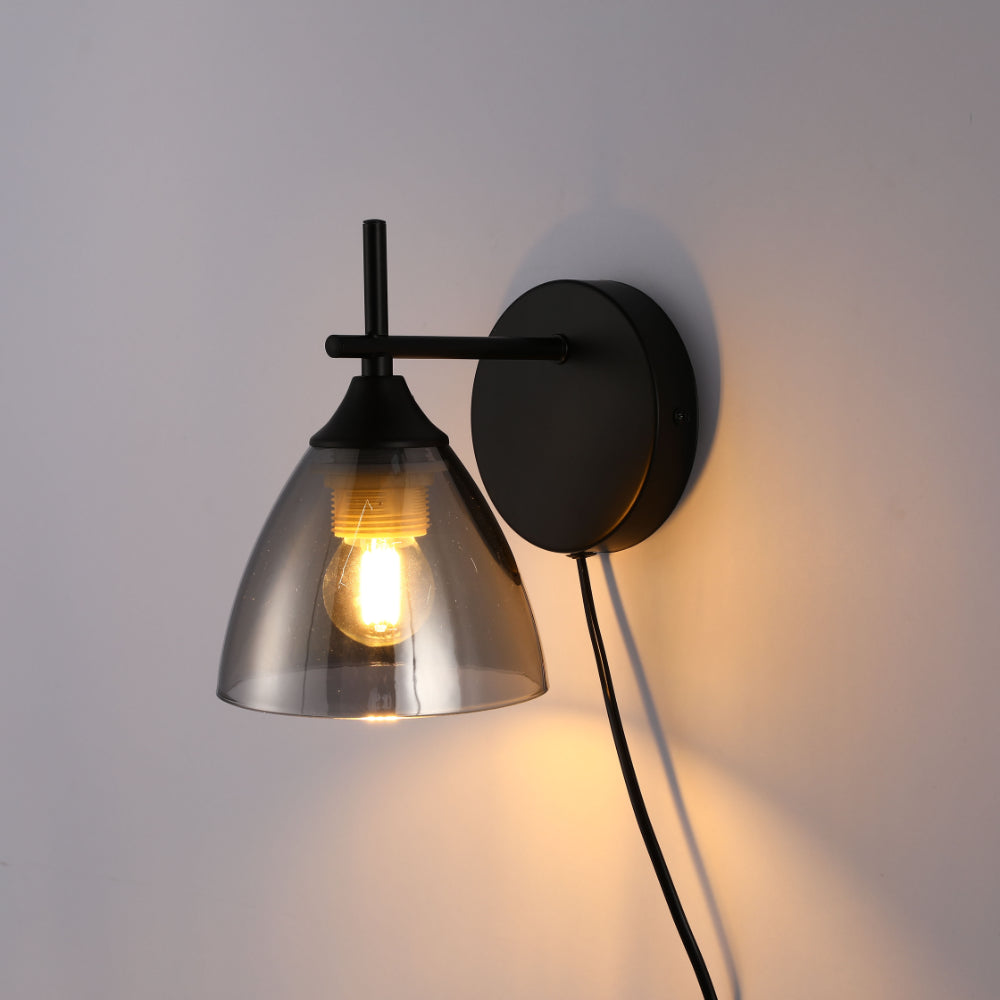 Modern Plug-In Wall Light with Smoky Glass Shade 2