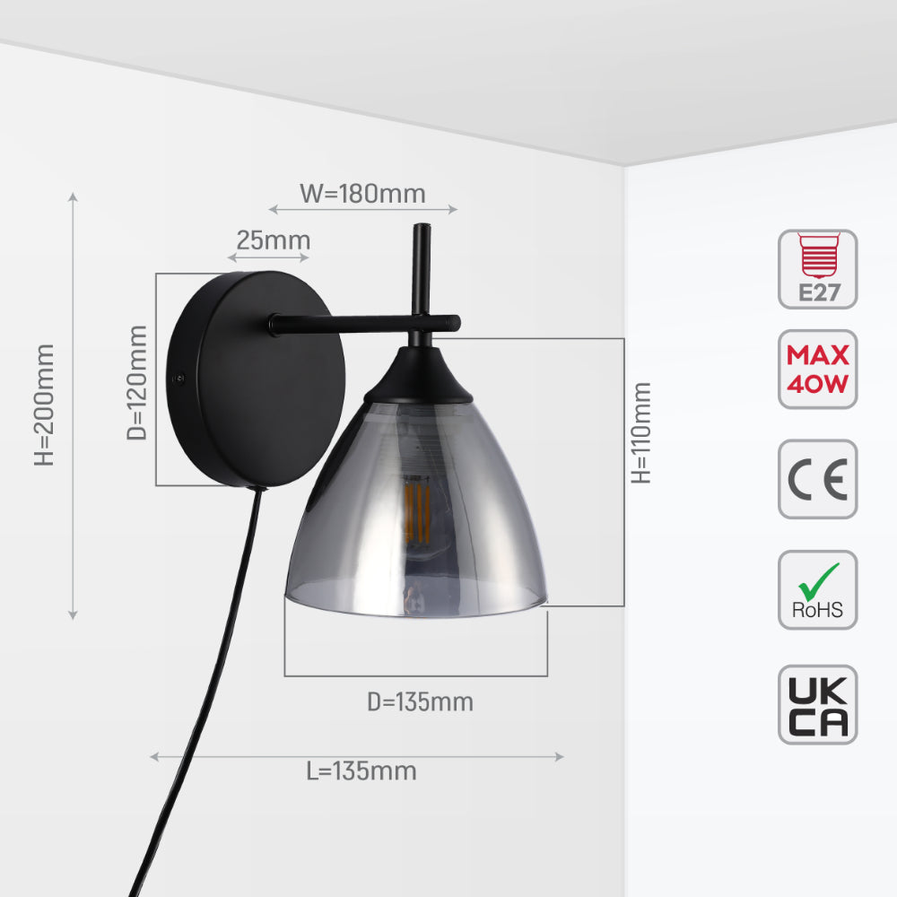 Modern Plug-In Wall Light with Smoky Glass Shade 5