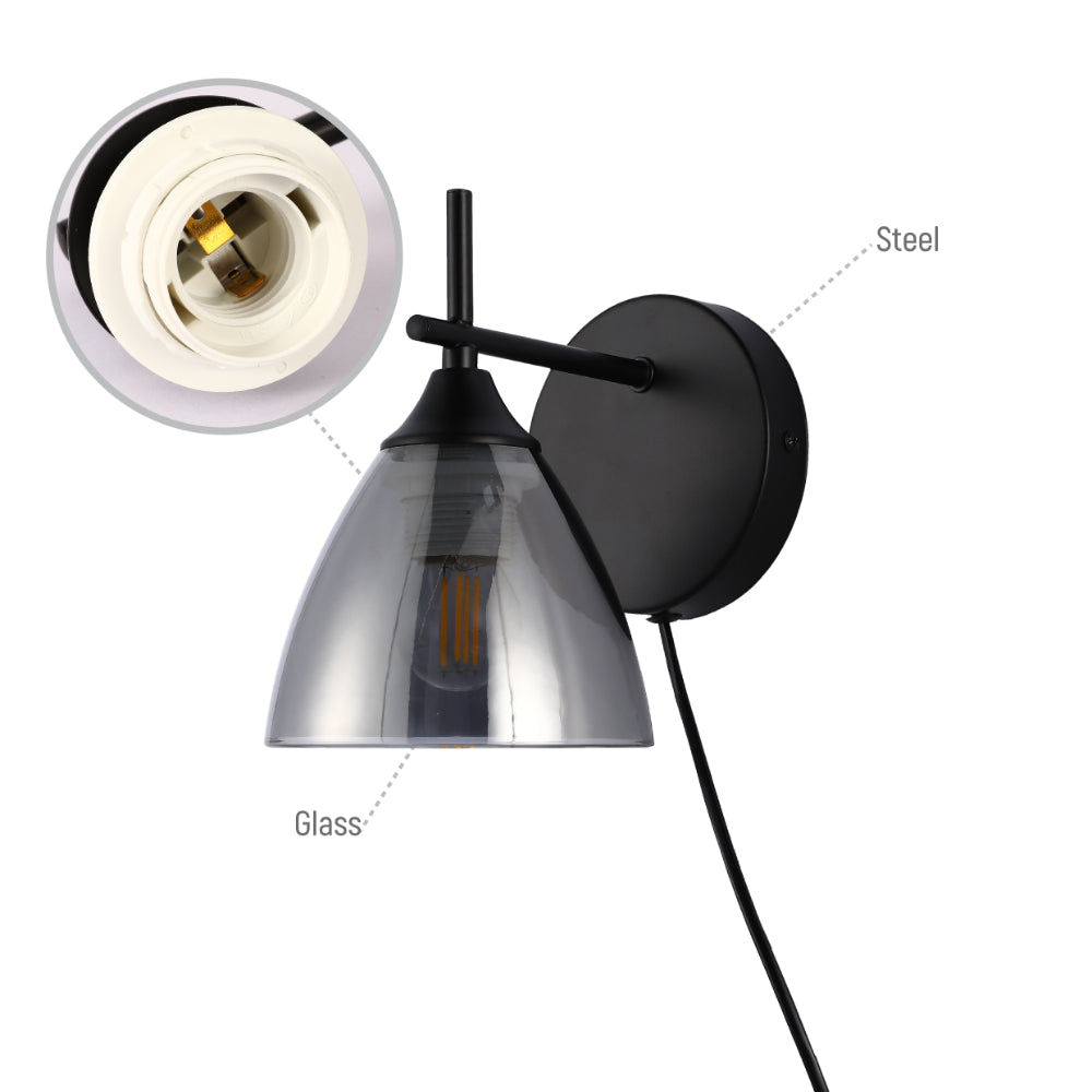 Modern Plug-In Wall Light with Smoky Glass Shade 6